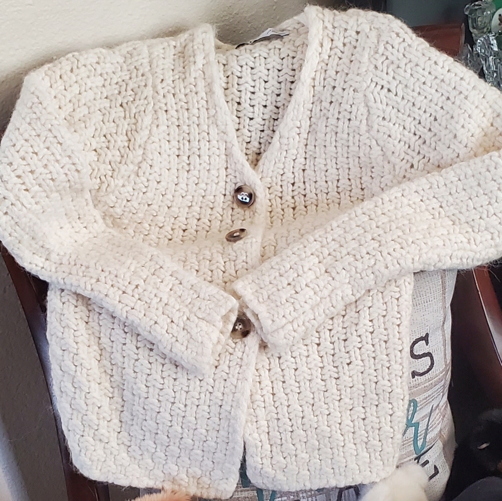 Zara Women's Cable Knit Cardigan Sweater,  Ivory, Button Up, Sz S